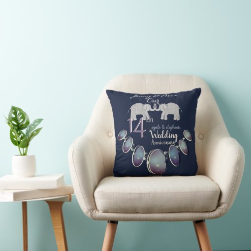 14th Wedding Anniversary Opals & Elephants Navy Throw Pillow Zazzle