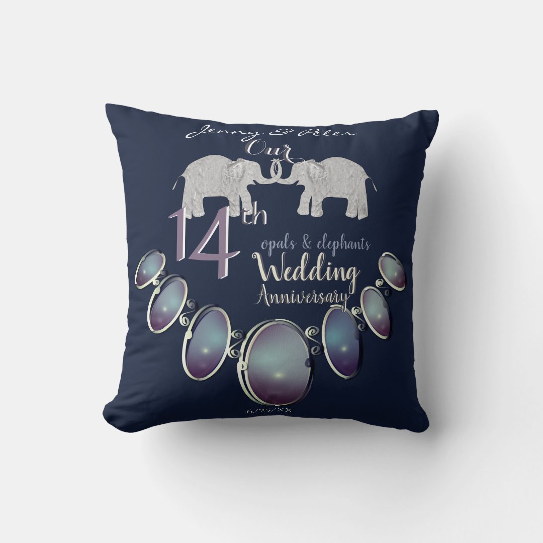14th Wedding Anniversary Opals & Elephants Navy Throw Pillow Zazzle