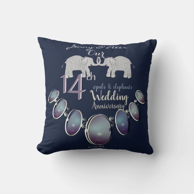 14th Wedding Anniversary Opals & Elephants Navy Throw Pillow (Front)