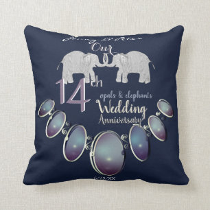 14th Wedding Anniversary Opals & Elephants Navy Throw Pillow