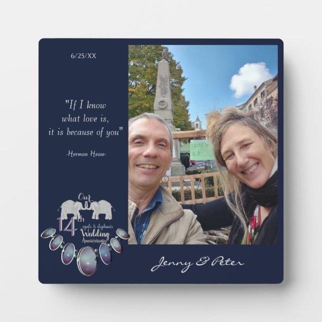 14th Wedding Anniversary Opals&Elephants +Photo Plaque (Front)