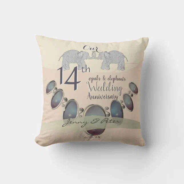 14th Wedding Anniversary Opals & Elephants +Photo Throw Pillow Zazzle