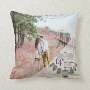 14th Wedding Anniversary Opals & Elephants +Photo Throw Pillow