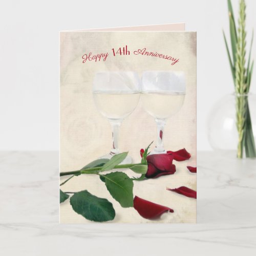 14th Wedding Anniversary Rose and Wine Card