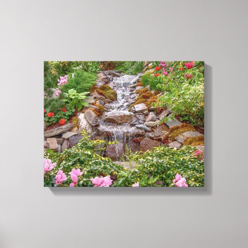 14x11 Flowing Waterfall with spring flowers Canvas Print