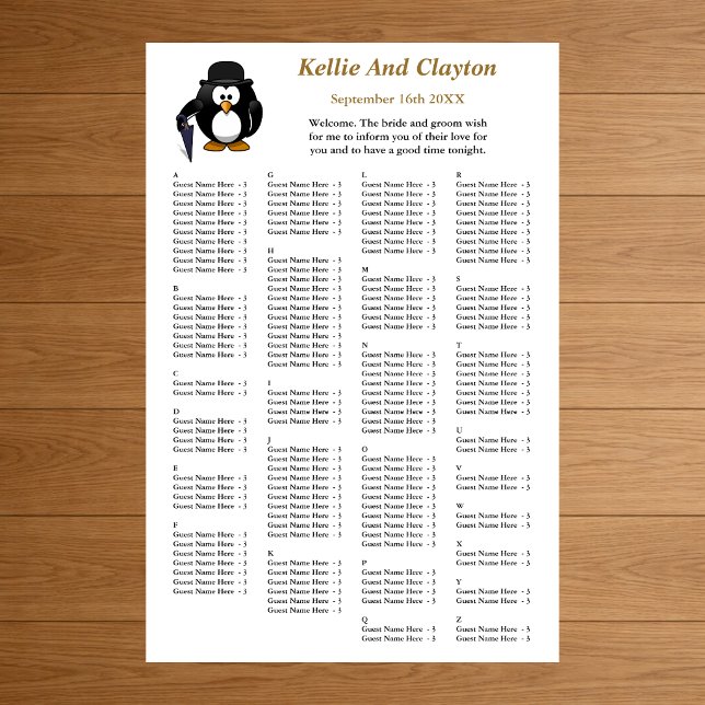 150 Funny Penguin Greeter Wedding Seating Chart Foam Board (Creator Uploaded)