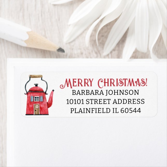 150 Red Tea Kettle Home, Christmas Return Address Label (Insitu)