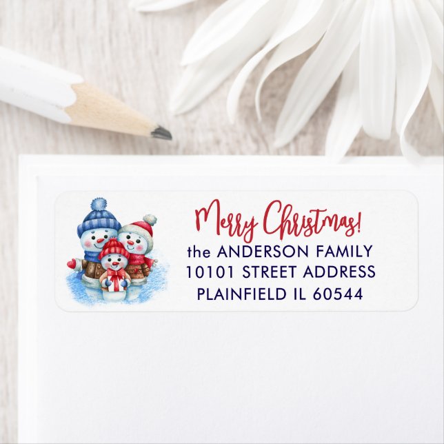 150 Snowman Family Merry Christmas Return Address Label (Insitu)