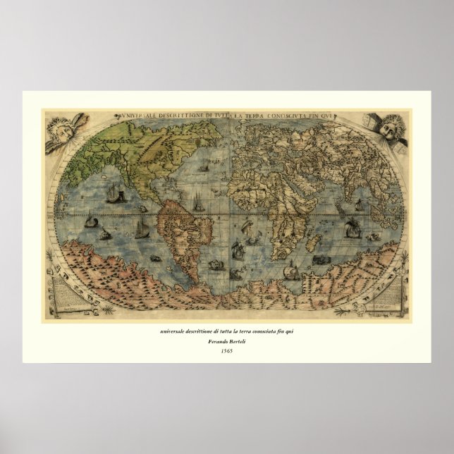 1565 Ferando Berteli (Fernando Bertelli) World Map Poster (Front)