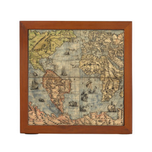 1565 Forlani Antique World Map Vintage Cartography Pencil Holder