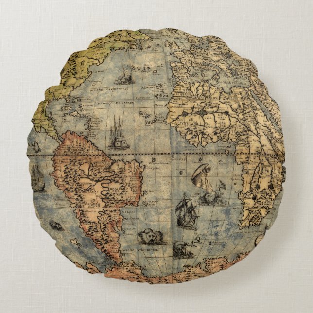 1565 Forlani AntiquevWorld Map Renaissance  Round Pillow (Front)