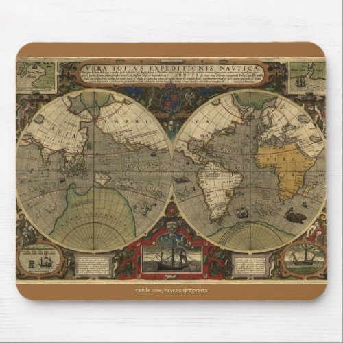 1595 Hondius Worlde Map Vintage Art Mouse Pad