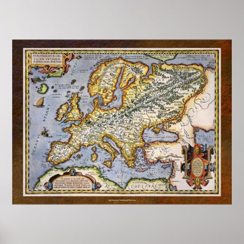 1595 Map of Europe by Abraham Ortelius Cartography Poster