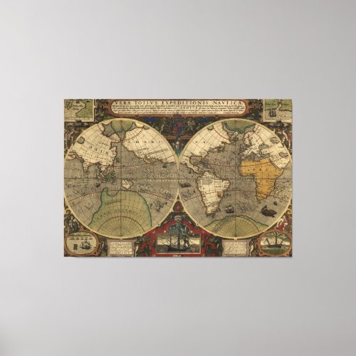 1595 Vintage World Map by Jodocus Hondius Canvas Print