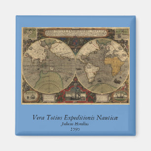 1595 Vintage World Map by Jodocus Hondius Magnet