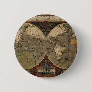 1595 Vintage World Map by Jodocus Hondius Pinback Button