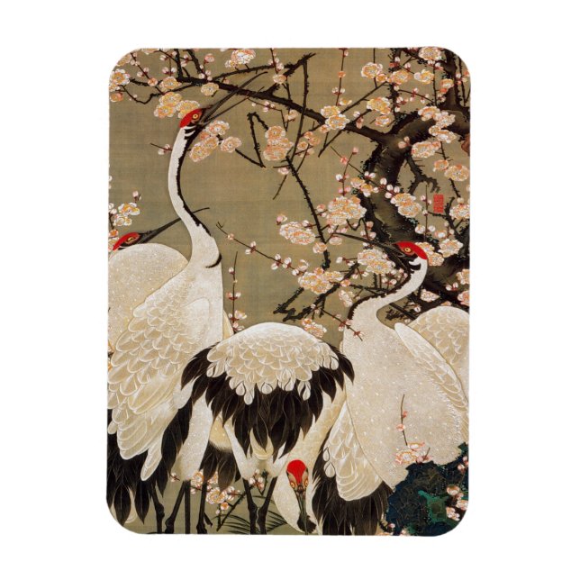 15. 梅花群鶴図, 若冲 Plum Blossoms & Cranes, Jakuchū Magnet (Vertical)