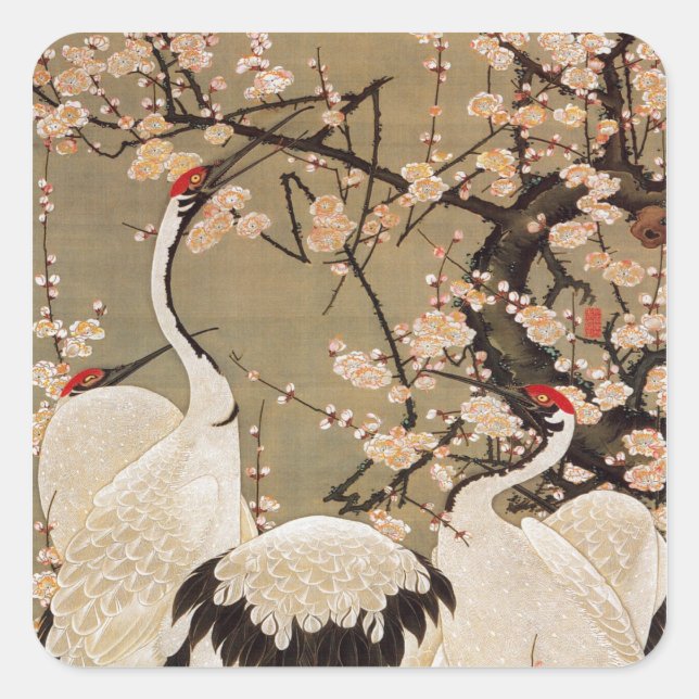 15. 梅花群鶴図, 若冲 Plum Blossoms & Cranes, Jakuchū Square Sticker (Front)