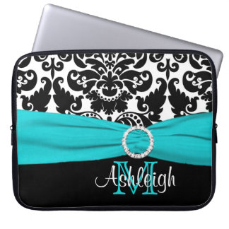 15" Aqua Black White FAUX Ribbon Laptop Sleeve