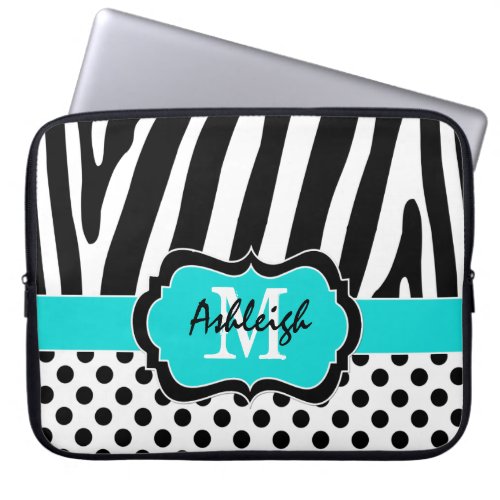 15 Aqua Black Zebra Stripes Polka Dot Laptop Case