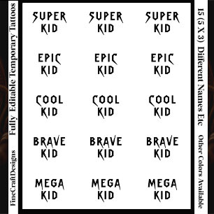 15 Fun Trendy Editable Kids/Boy/Girl Party Black Temporary Tattoos