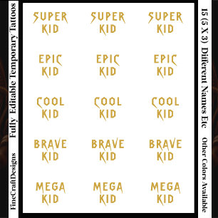 15 Fun Trendy Editable Kids/Boy/Girl Party Gold Co Temporary Tattoos
