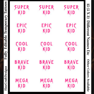 15 Fun Trendy Editable Kids/Boy/Girl Party Pink Temporary Tattoos