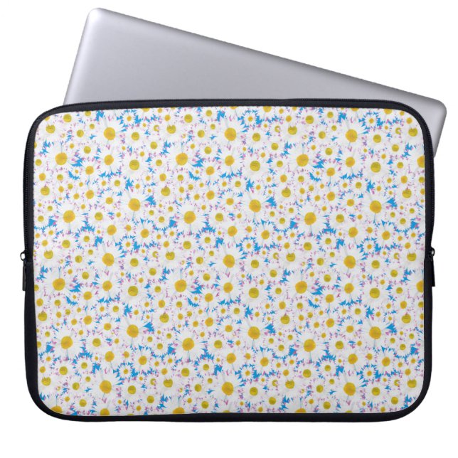 15-inch Laptop Sleeve: Ditzy White Daisies on Blue Laptop Sleeve (Front)