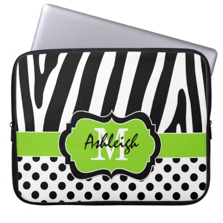 15" Lime Black Zebra Stripes Polka Dot Laptop Case