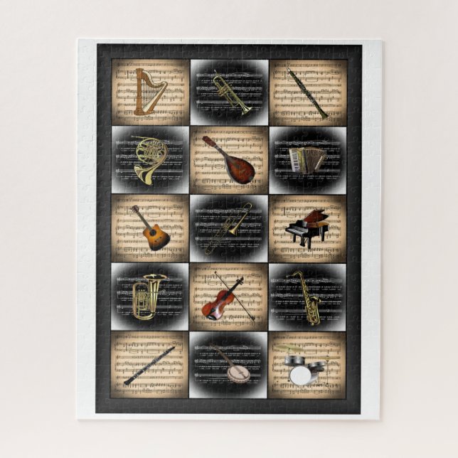 15 Musical Instruments ~ Sheet Music Background Ji Jigsaw Puzzle (Vertical)