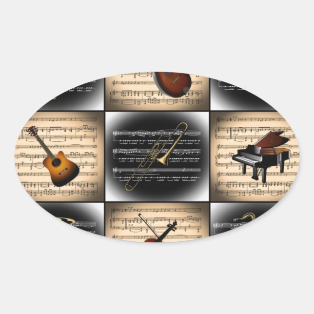 15 Musical Instruments ~ Sheet Music Background Oval Sticker (Front)