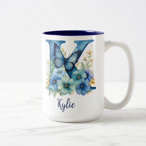 15 oz Floral Blue Monogrammed Coffee Mug