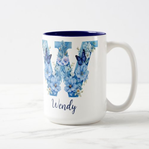 15 oz Floral Blue Monogrammed Coffee Mug