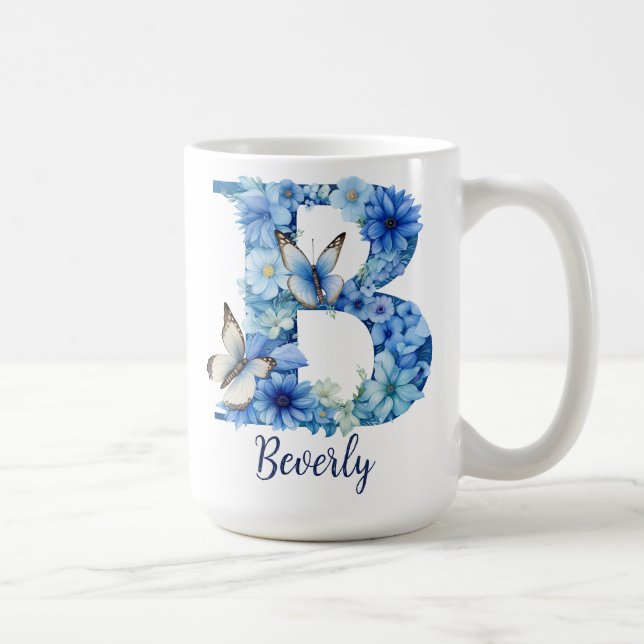 15 oz Floral Blue Monogrammed Coffee Mug (Right)