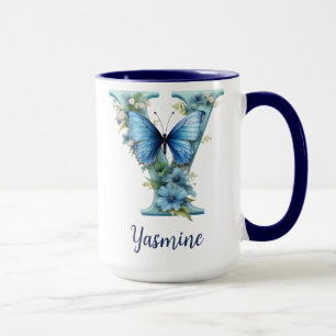 15 oz Floral Blue Monogrammed Coffee Mug