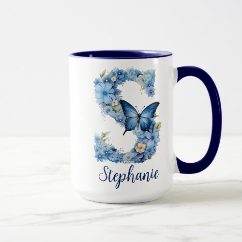 15 oz Floral Blue Monogrammed Coffee Mug