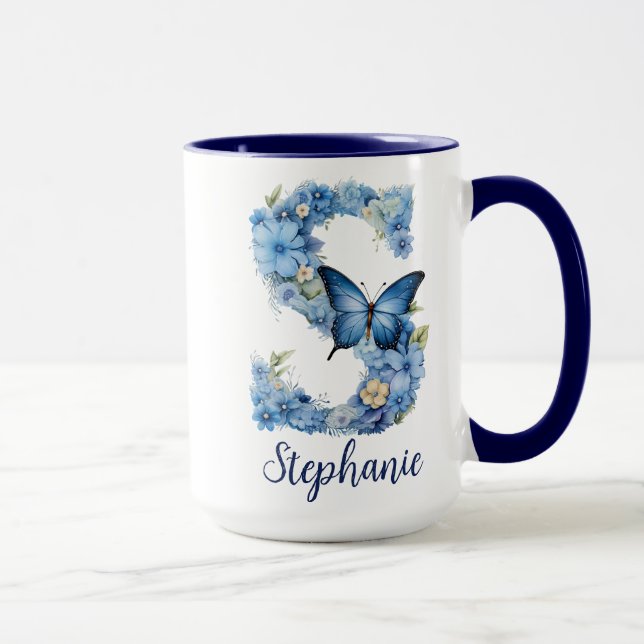 15 oz Floral Blue Monogrammed Coffee Mug (Right)