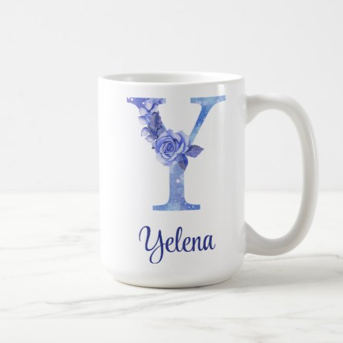 15 oz Monogrammed Watercolor Blues and Floral Coffee Mug