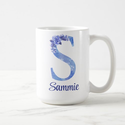 15 oz Monogrammed Watercolor Blues and Floral Coffee Mug