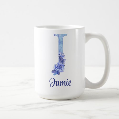 15 oz Monogrammed Watercolor Blues and Floral Coffee Mug