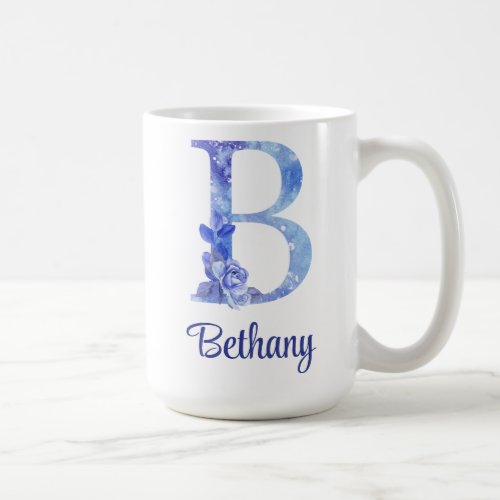 15 oz Monogrammed Watercolor Blues and Floral Coffee Mug