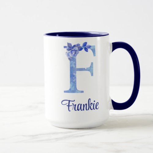 15 oz Monogrammed Watercolor Blues and Floral Mug