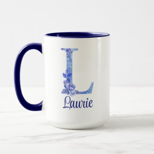 15 oz Monogrammed Watercolor Blues and Floral Mug