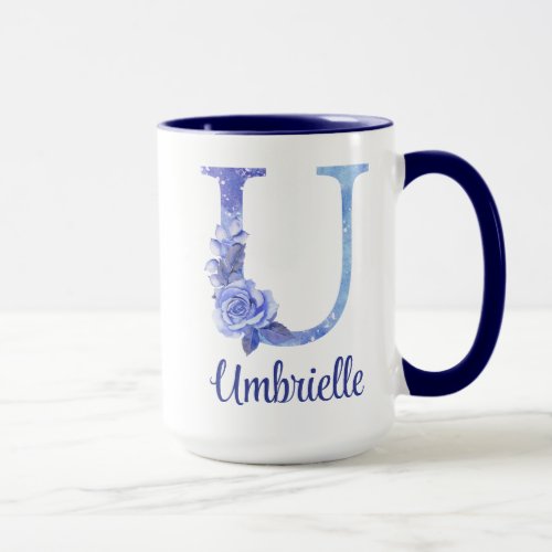 15 oz Monogrammed Watercolor Blues and Floral Mug