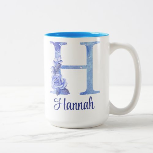 15 oz Monogrammed Watercolor Blues and Floral Two_Tone Coffee Mug