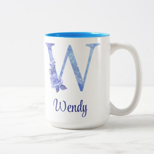 15 oz Monogrammed Watercolor Blues and Floral Two_Tone Coffee Mug