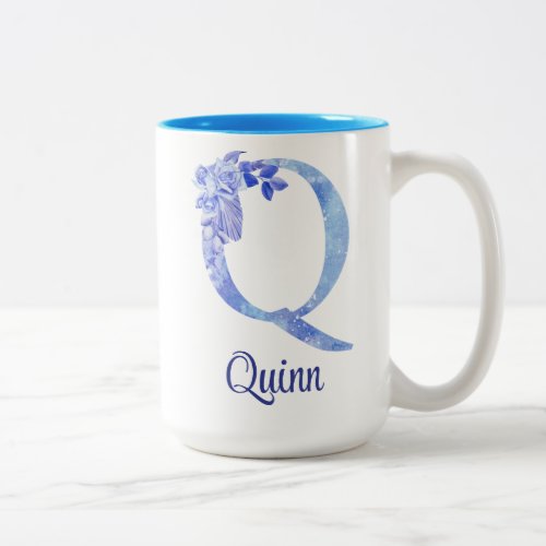 15 oz Monogrammed Watercolor Blues and Floral Two_Tone Coffee Mug