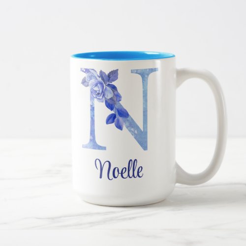 15 oz Monogrammed Watercolor Blues and Floral Two_Tone Coffee Mug