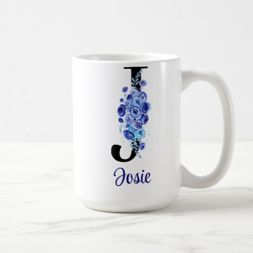 15 oz Monogrammed Watercolor Floral Blues Coffee Mug