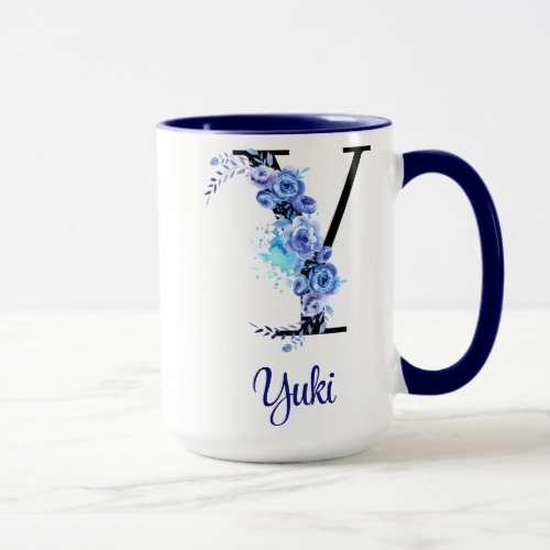 15 oz Monogrammed Watercolor Floral Blues Mug